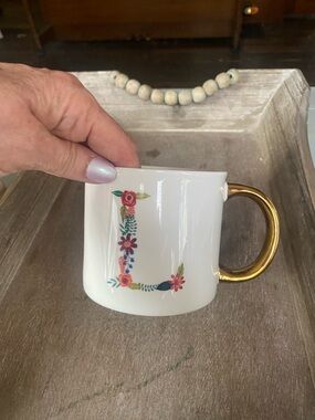 Opalhouse White Mug with Floral 'L' and Gold Handle